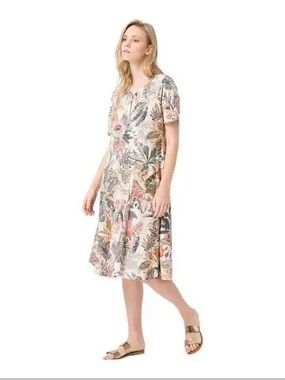 Floral V-Neck Short Sleeve Midi Dress - Cream Multi